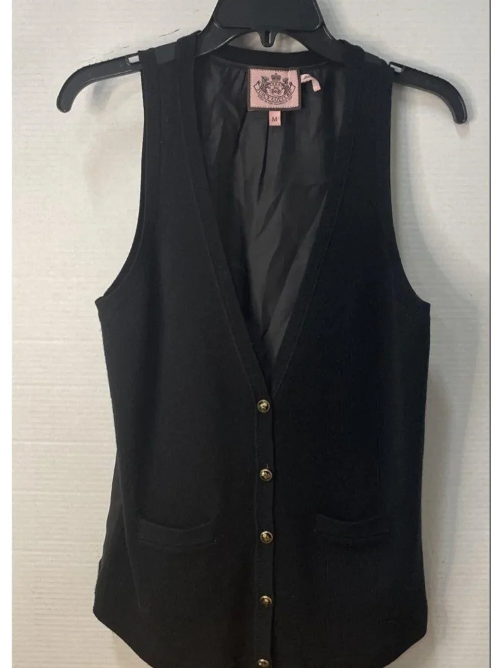 Vintage Juicy Couture Crest Crown Sweater Vest Black Gold Button Y2K Preppy Size - Picture 2 of 6